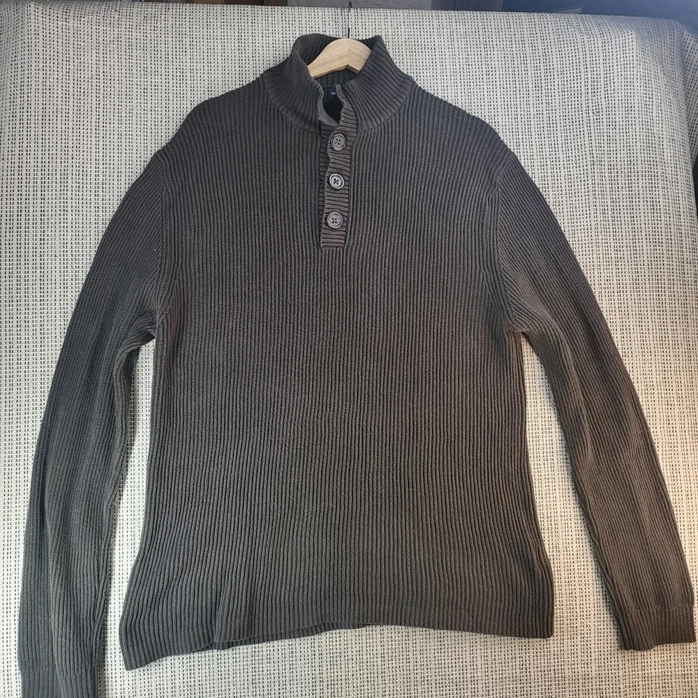 Banana Republic Sweater Mens Large Gray Ribbed Mock Neck Button Knit Pullover